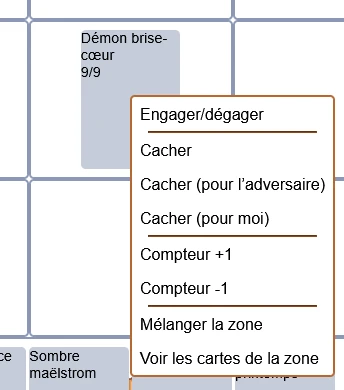 Capture d’écran du simulateur, montrant le menu contextuel d’une carte.